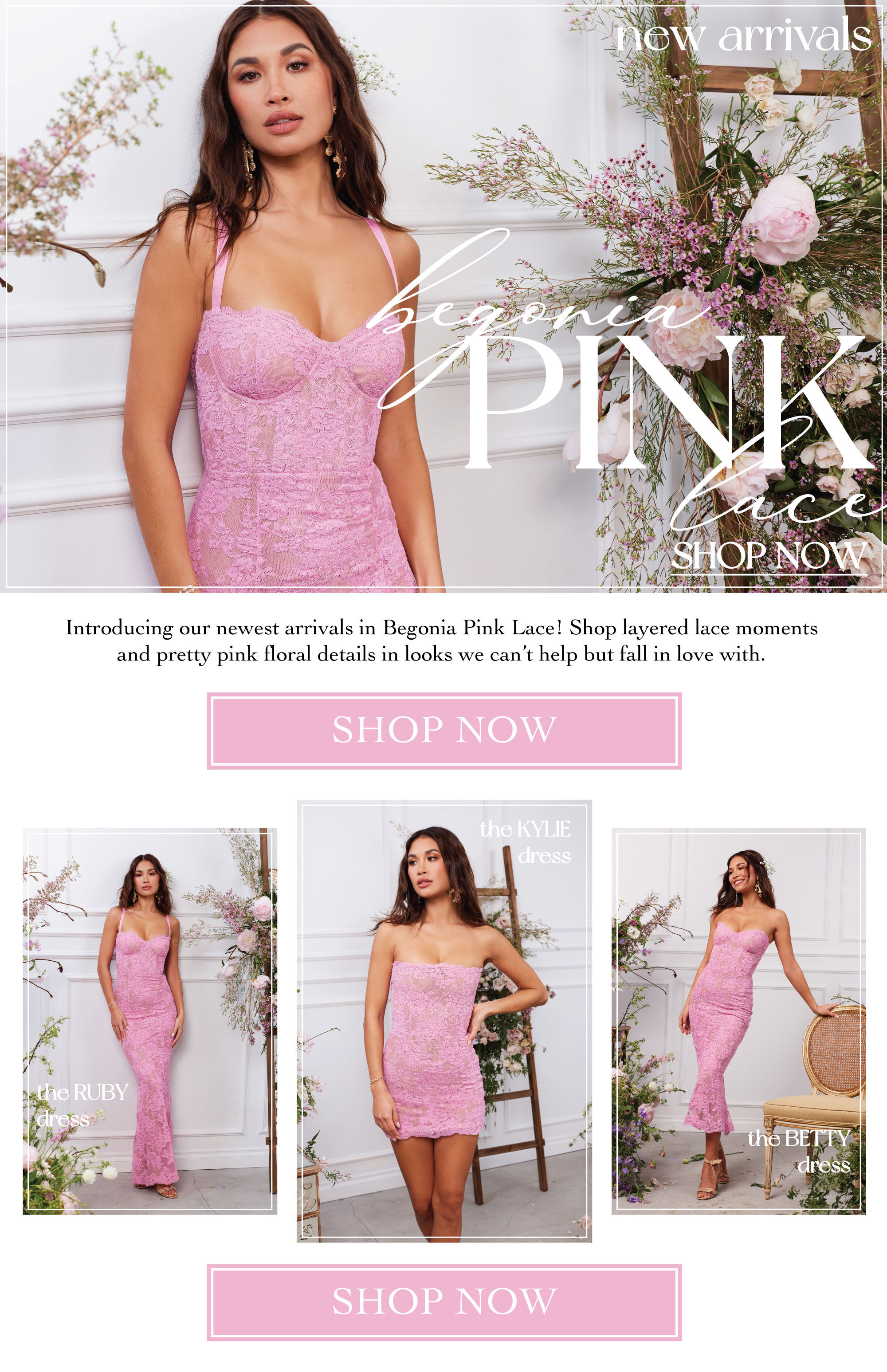 IMAGES OF MODEL IN PINK LACE DRESSES - BEGONIA PINK LACE - INTRODUCING OUR NEWEST ARRIVALS IN BEGONIA PINK LACE - LINK TO SHOP ALL