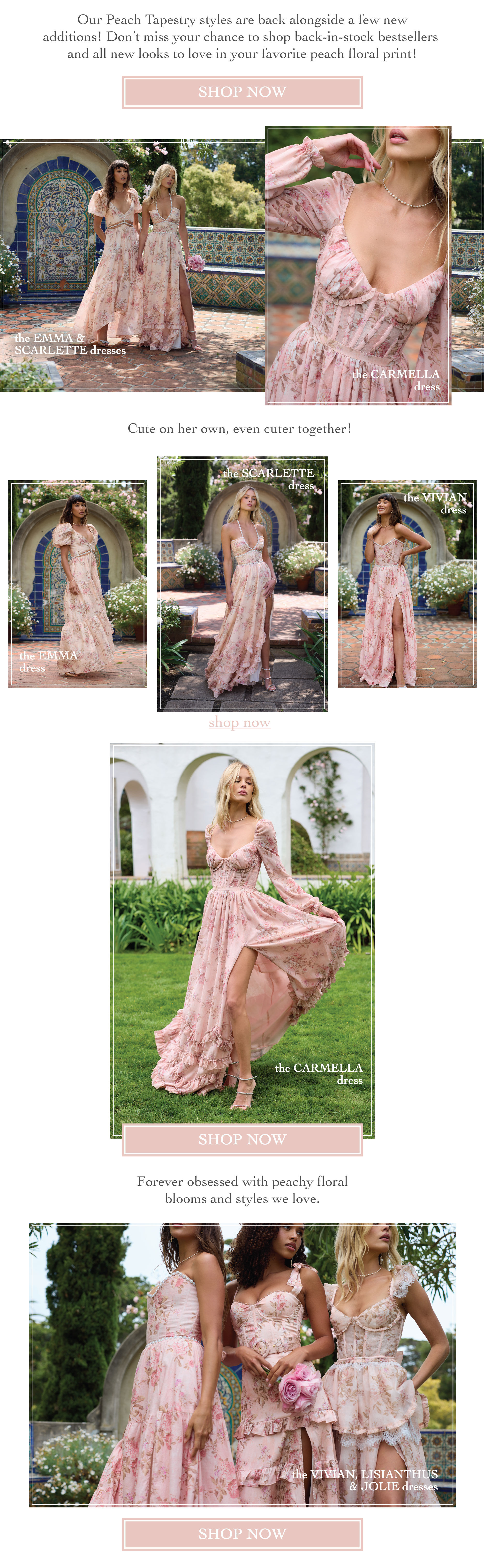 IMAGES OF MODELS IN PEACH FLORAL DRESSES - PEACH TAPESTRY STYLES ARE BACK IN STOCK ALONGSIDE A FEW NEW ADDITIONS - LINK TO SHOP PEACH TAPESTRY