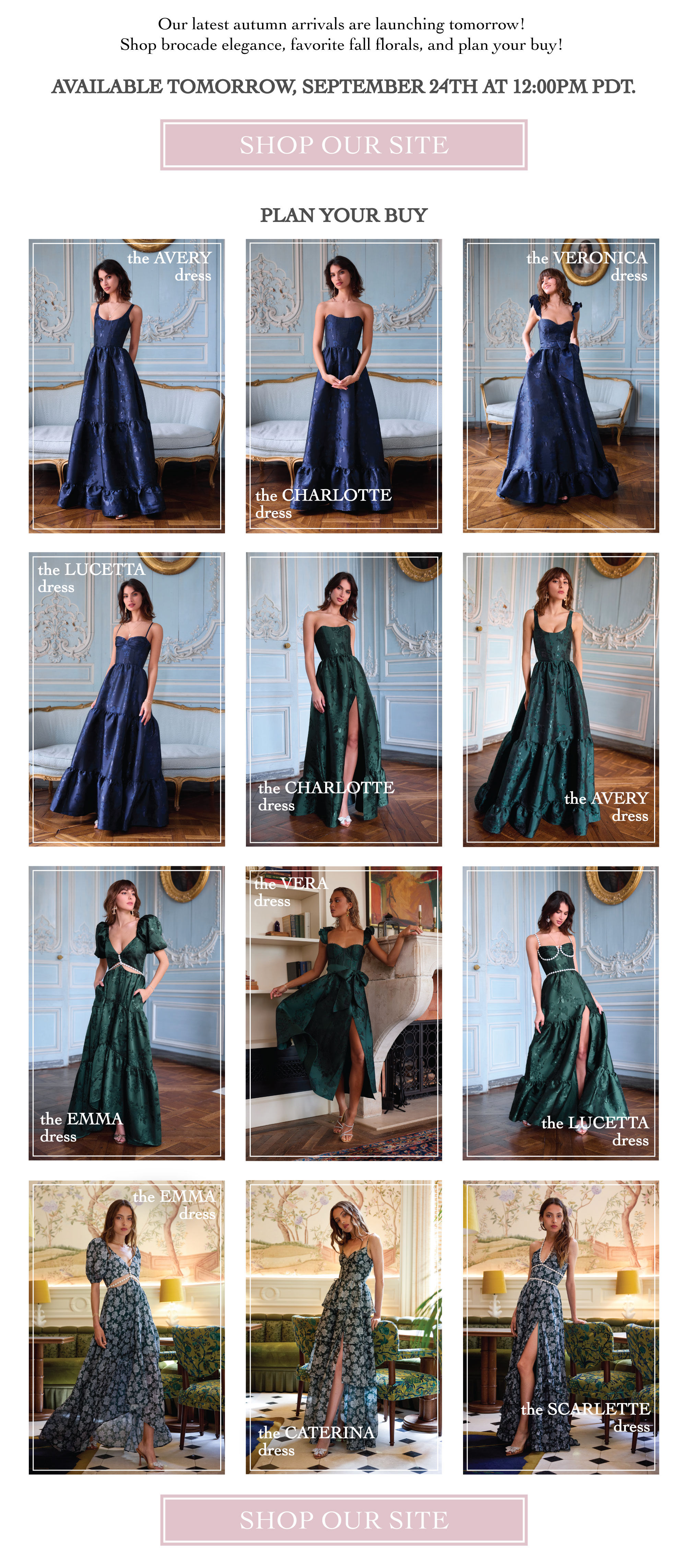 IMAGES OF MODELS IN NAVY AND EMERALD FLORAL DRESSES - ATEST AUTUMN ARRIVALS ARE LAUNCHING TOMORROW - AVAILABLE TOMORROW, SEPTEMBER 24TH AT NOON PDT LINK TO SHOP SITE